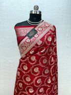 Banarasi Handloom Katan Mashru Traditional Jaal Weaving Red saree