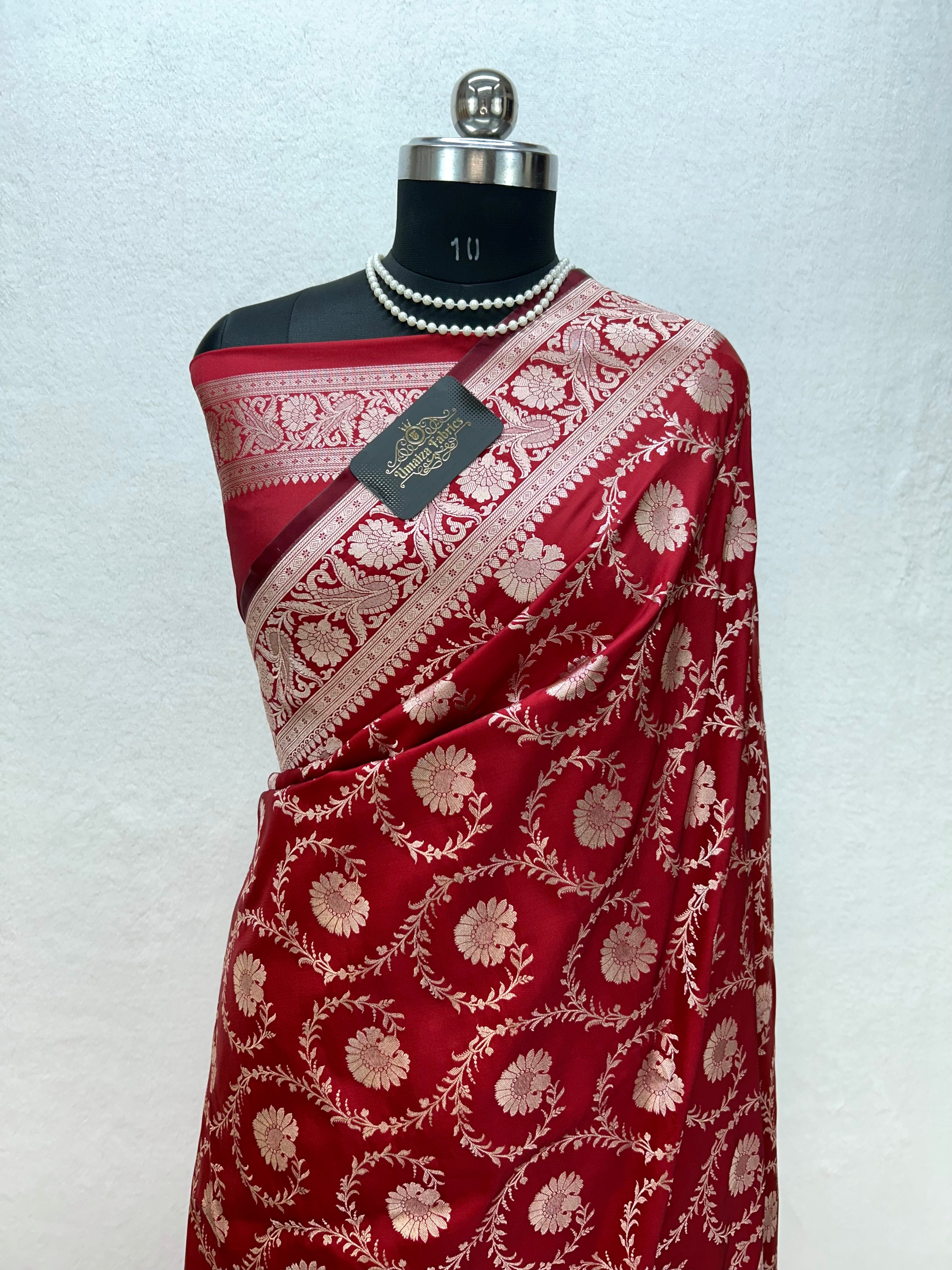 Banarasi Handloom Katan Mashru Traditional Jaal Weaving Red saree