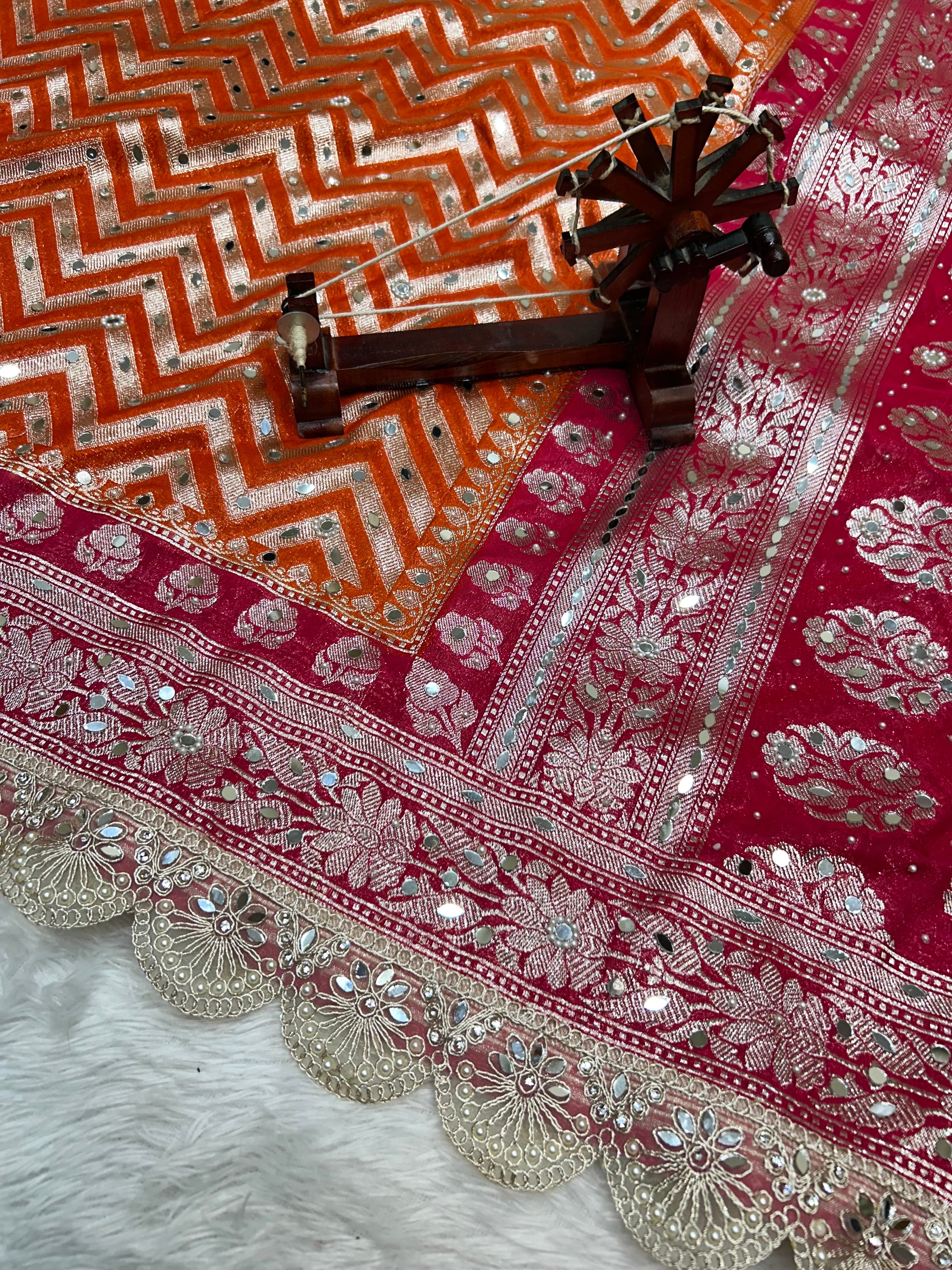 Banarasi Handloom Georgette Silk Saree with Designer Mirror work & Scallop Lace Border