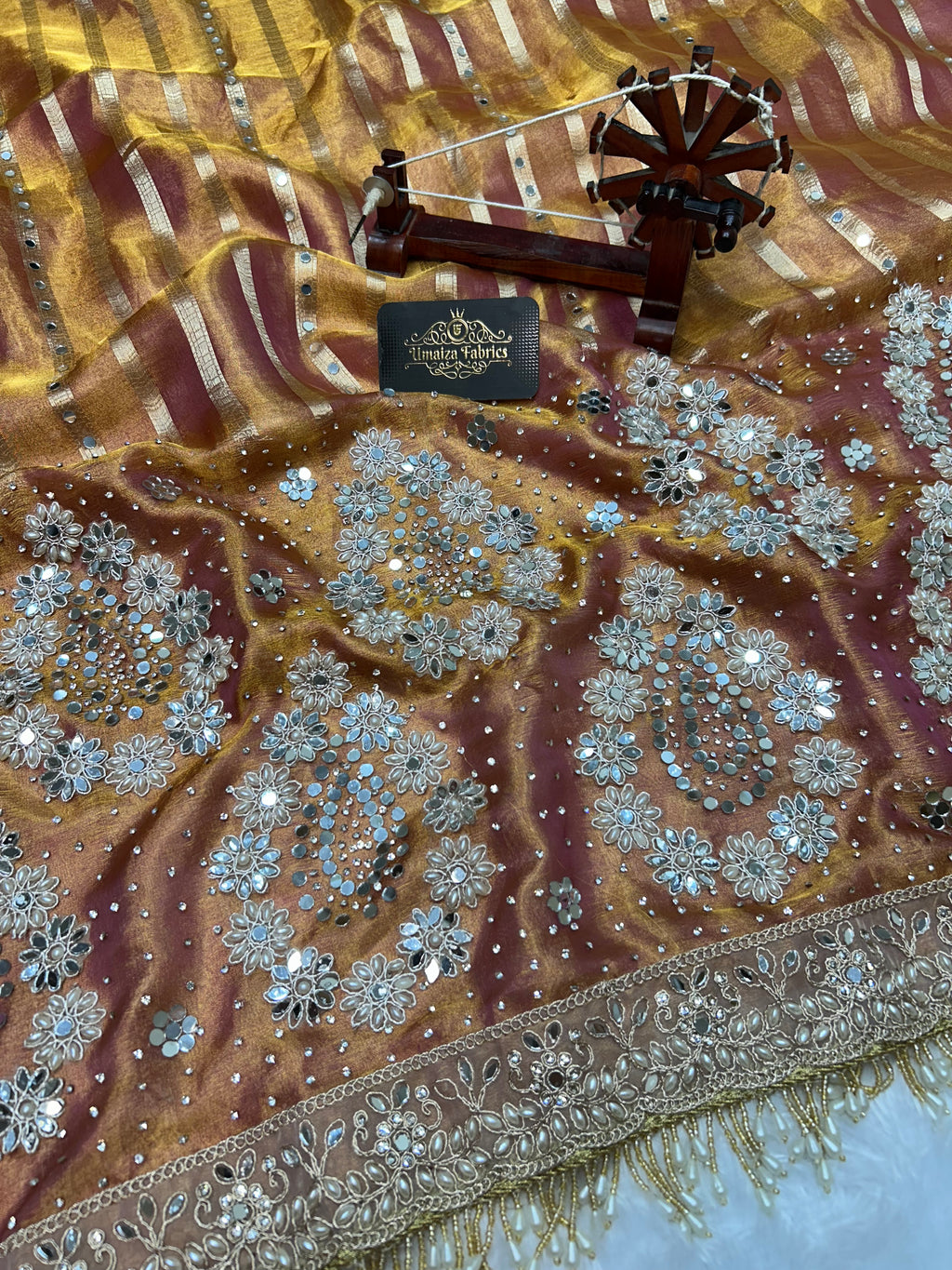 Pure Banarasi Tissue Silk Saree In Dual Tone With Heavy Mirror & Diamond Handwork