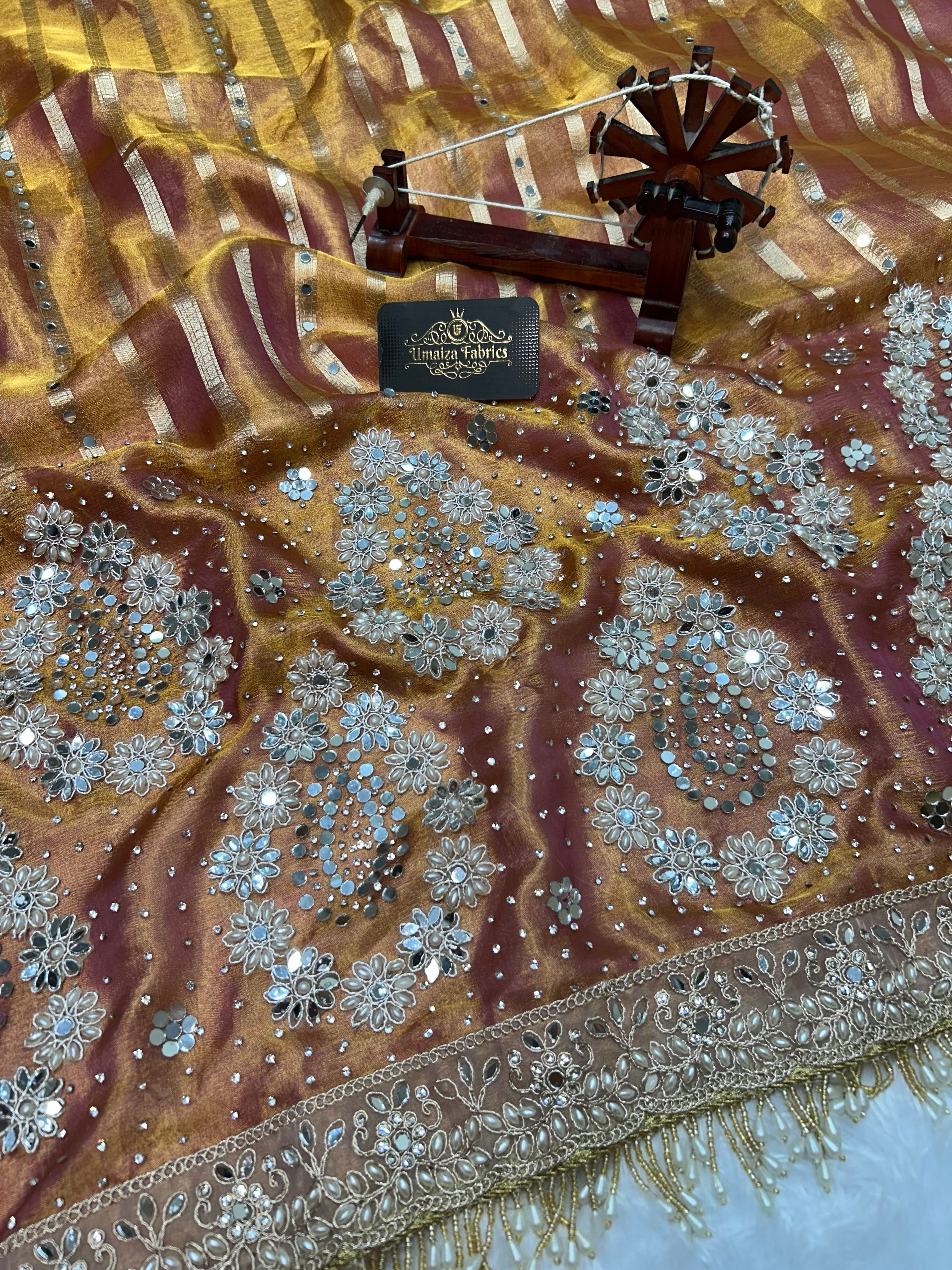 Pure Banarasi Tissue Silk Saree In Dual Tone With Heavy Mirror & Diamond Handwork