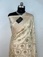 Banarasi Handloom Katan Mashru Traditional Jaal Weaving Beige Saree