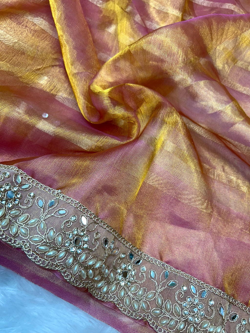 Pure Banarasi Tissue Silk Saree In Dual Tone With Heavy Mirror & Diamond Handwork