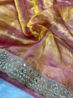 Pure Banarasi Tissue Silk Saree In Dual Tone With Heavy Mirror & Diamond Handwork