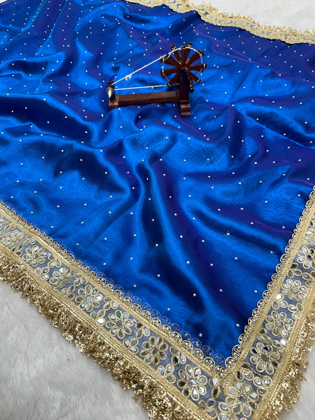 Banarasi Soft Royal Blue Tissue Saree With Moti Work & Designer Mirror lace Border