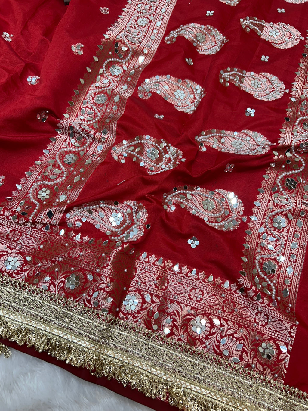 Banarasi Katan Traditional Handmade Mirror & Lace Work Red saree
