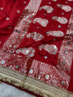Banarasi Katan Traditional Handmade Mirror & Lace Work Red saree