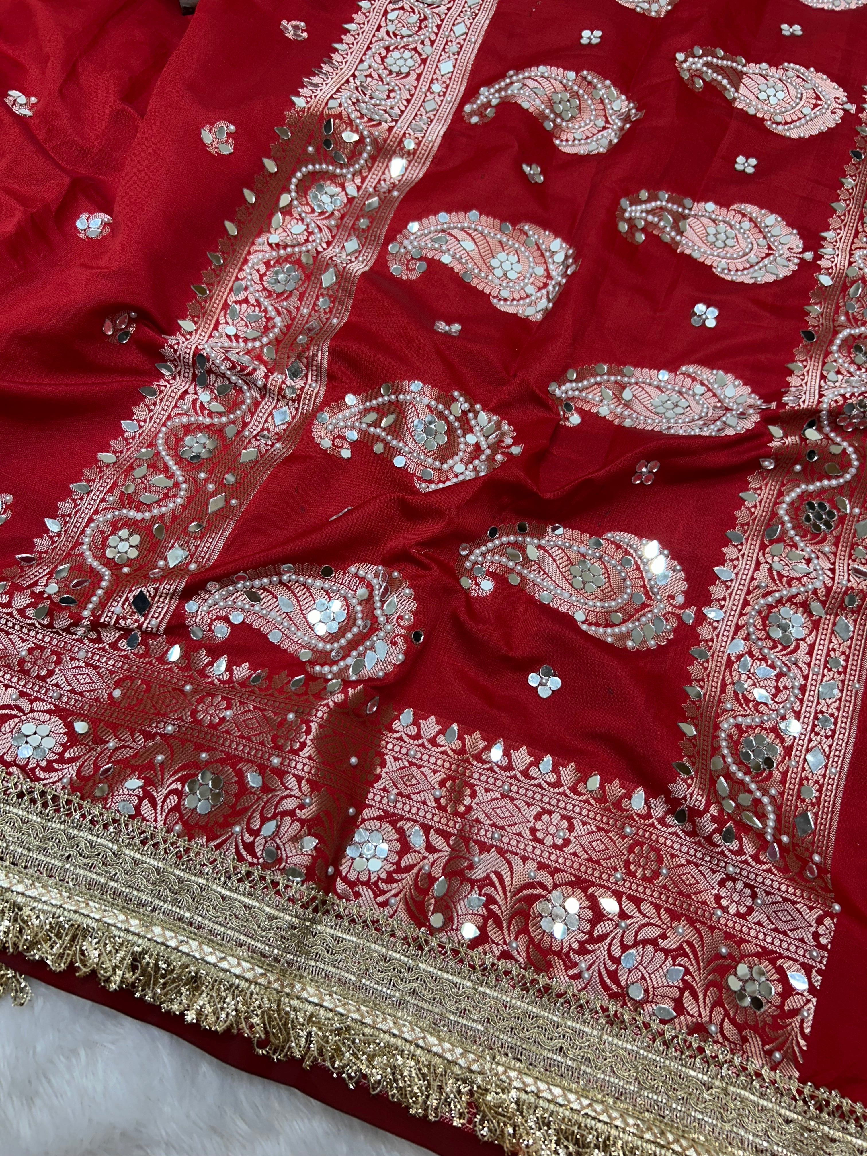Banarasi Katan Traditional Handmade Mirror & Lace Work Red saree