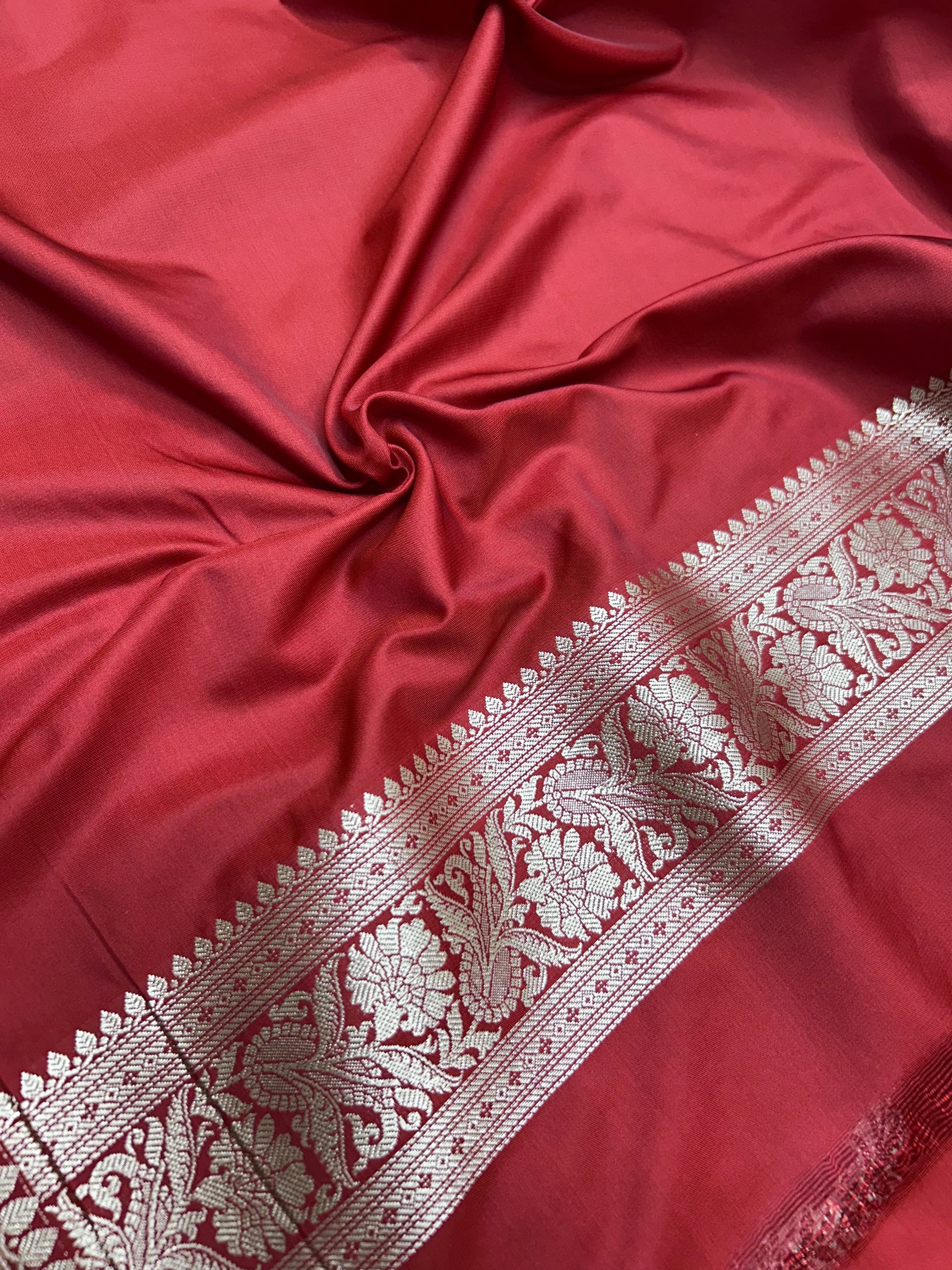 Banarasi Handloom Katan Mashru Traditional Jaal Weaving Red saree