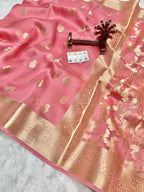 Banarasi Pure Kora Organza Silk Saree In Beautiful Pastel pink Shade