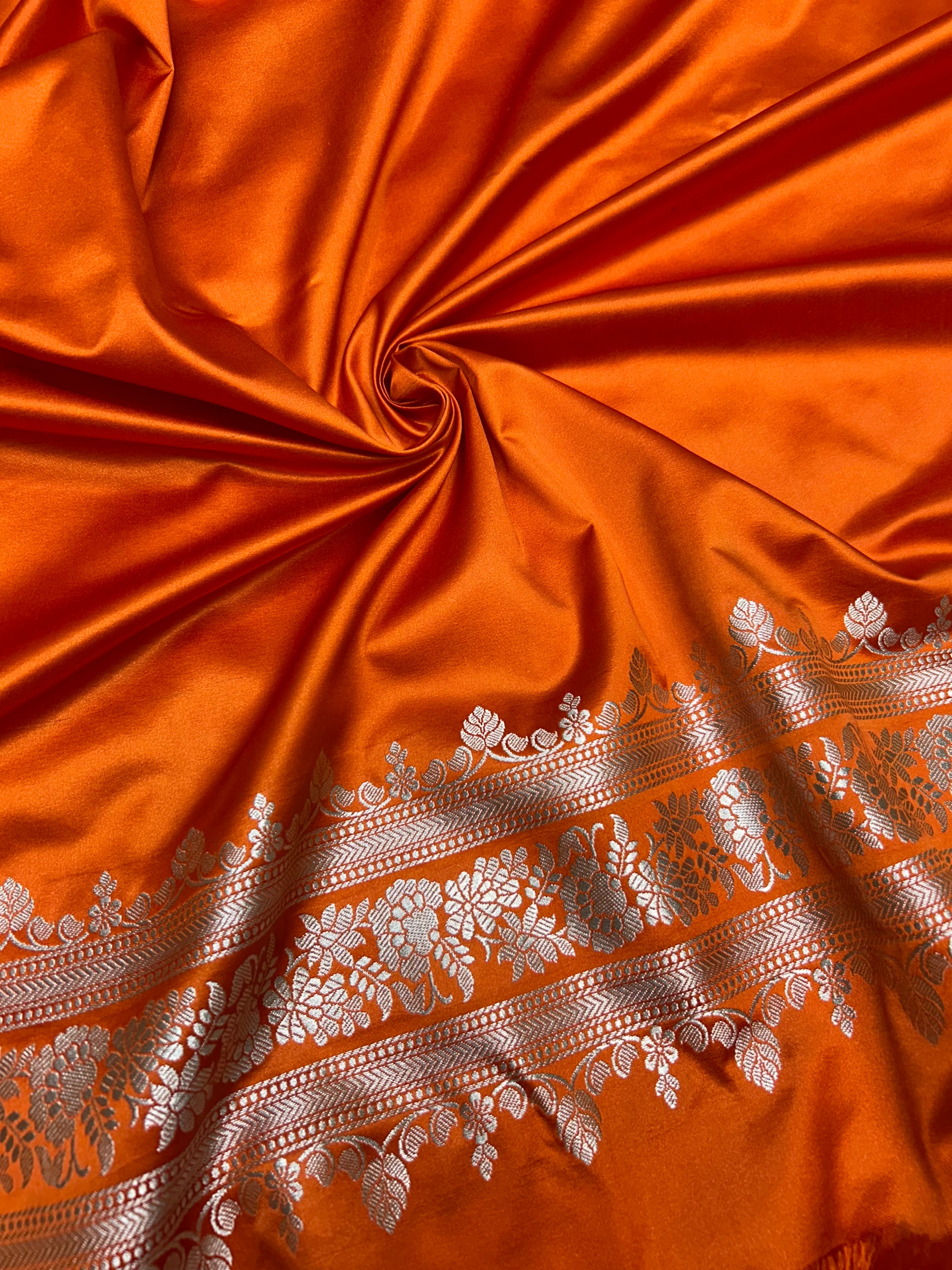 Banarasi Handloom Katan Mashru Traditional Buti Weaving Light Bright Orang Saree