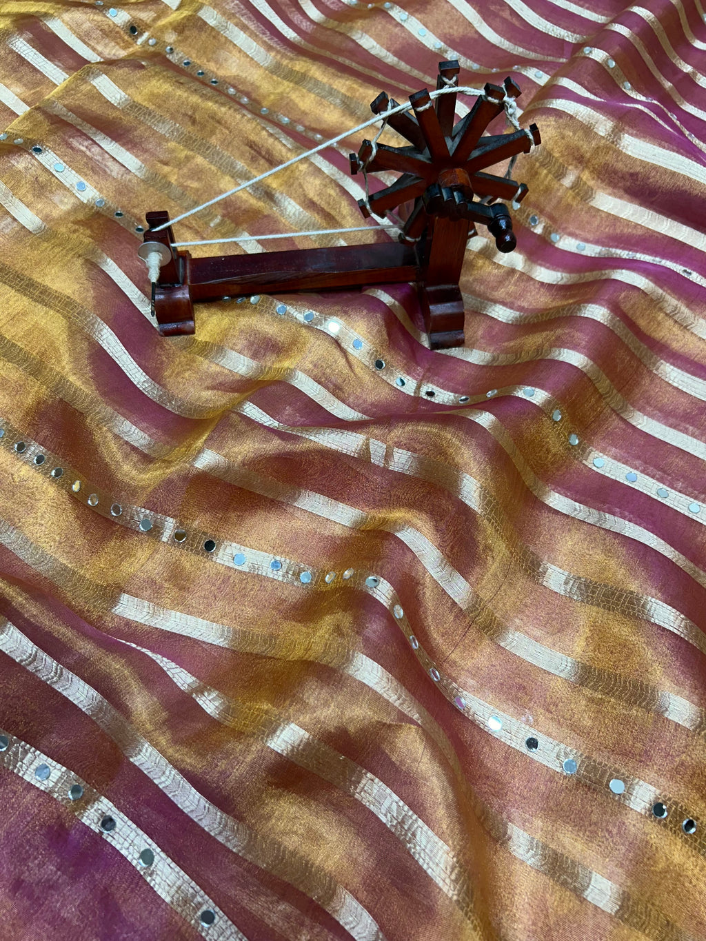 Pure Banarasi Tissue Silk Saree In Dual Tone With Heavy Mirror & Diamond Handwork