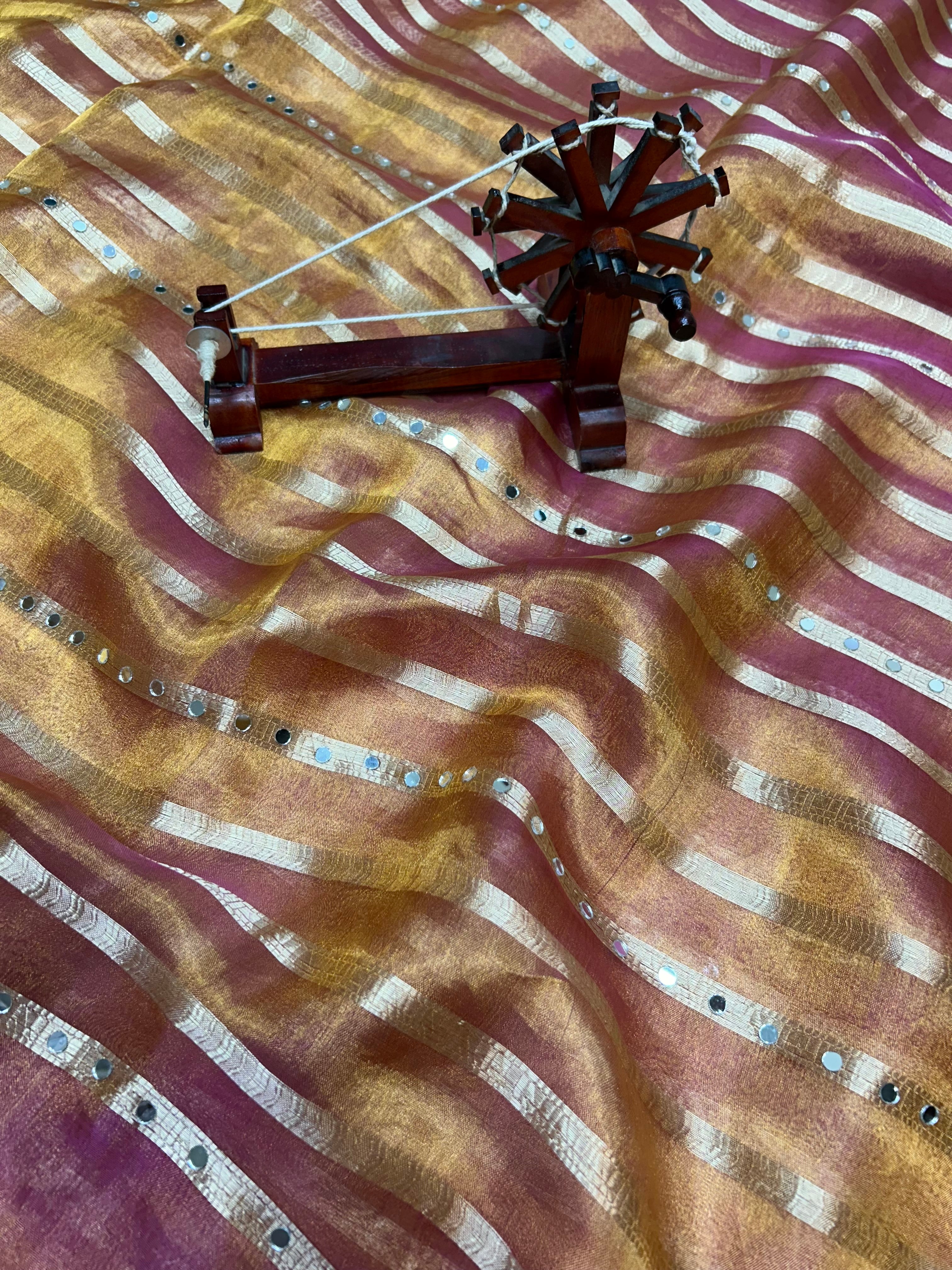 Pure Banarasi Tissue Silk Saree In Dual Tone With Heavy Mirror & Diamond Handwork