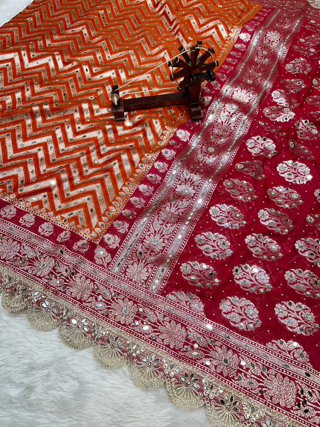 Banarasi Handloom Georgette Silk Saree with Designer Mirror work & Scallop Lace Border