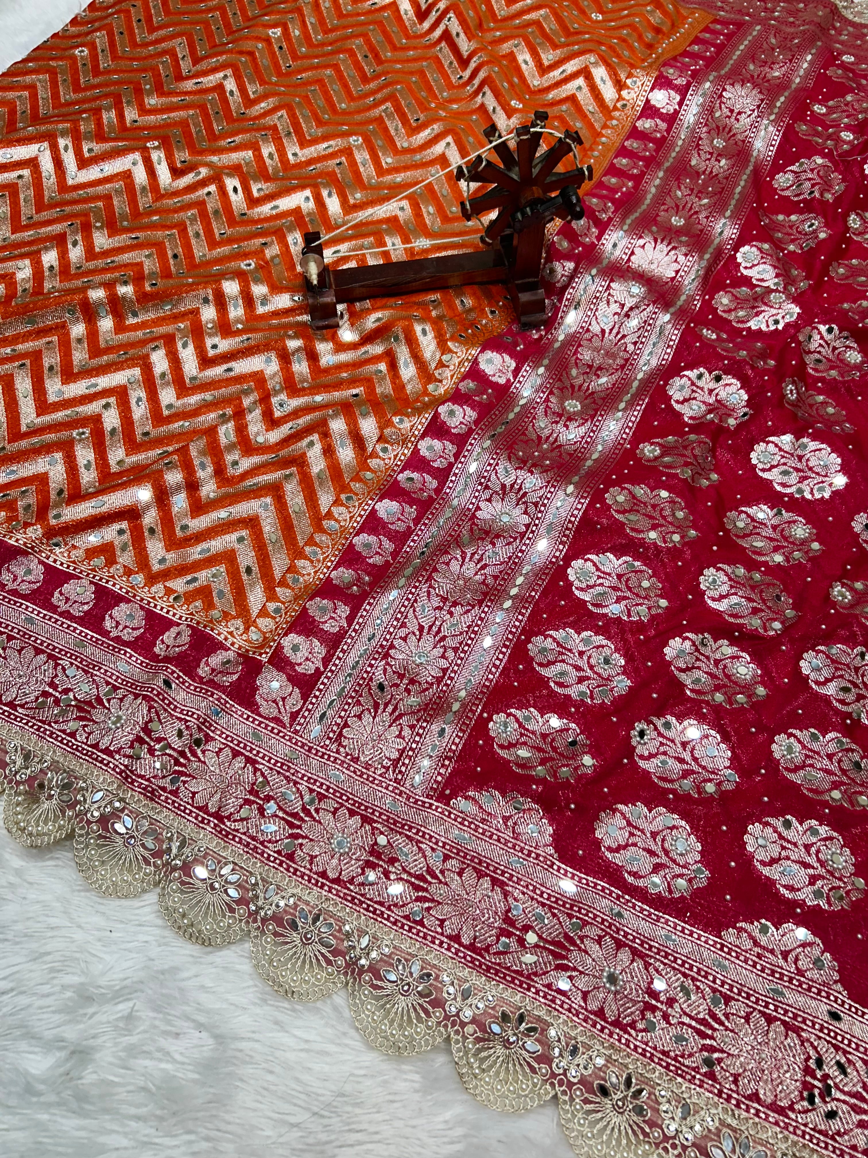 Banarasi Handloom Georgette Silk Saree with Designer Mirror work & Scallop Lace Border
