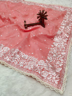 Banarasi Kora Organza With Delicated Chikankari Floral Work & Lace Border