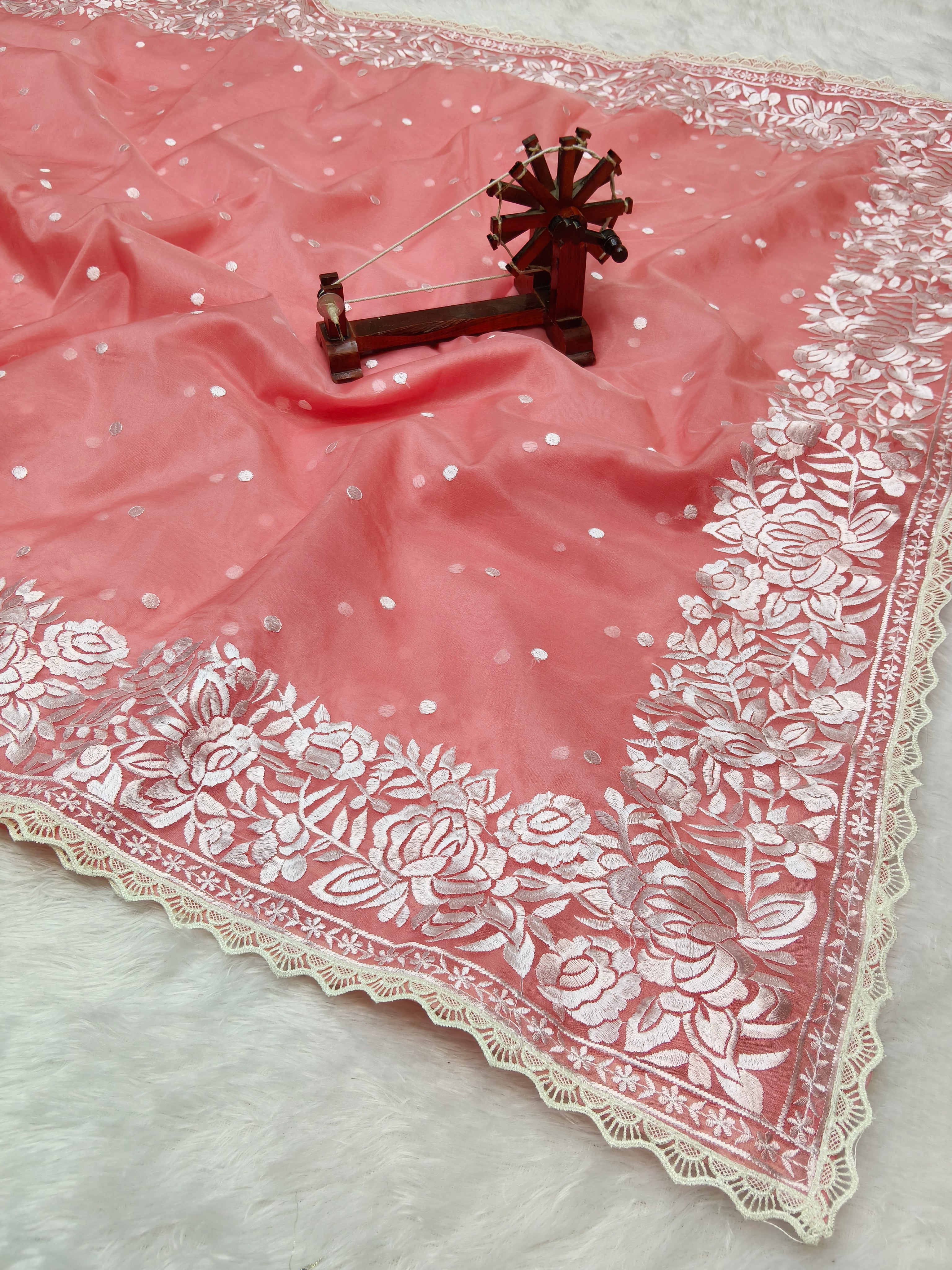 Banarasi Kora Organza With Delicated Chikankari Floral Work & Lace Border