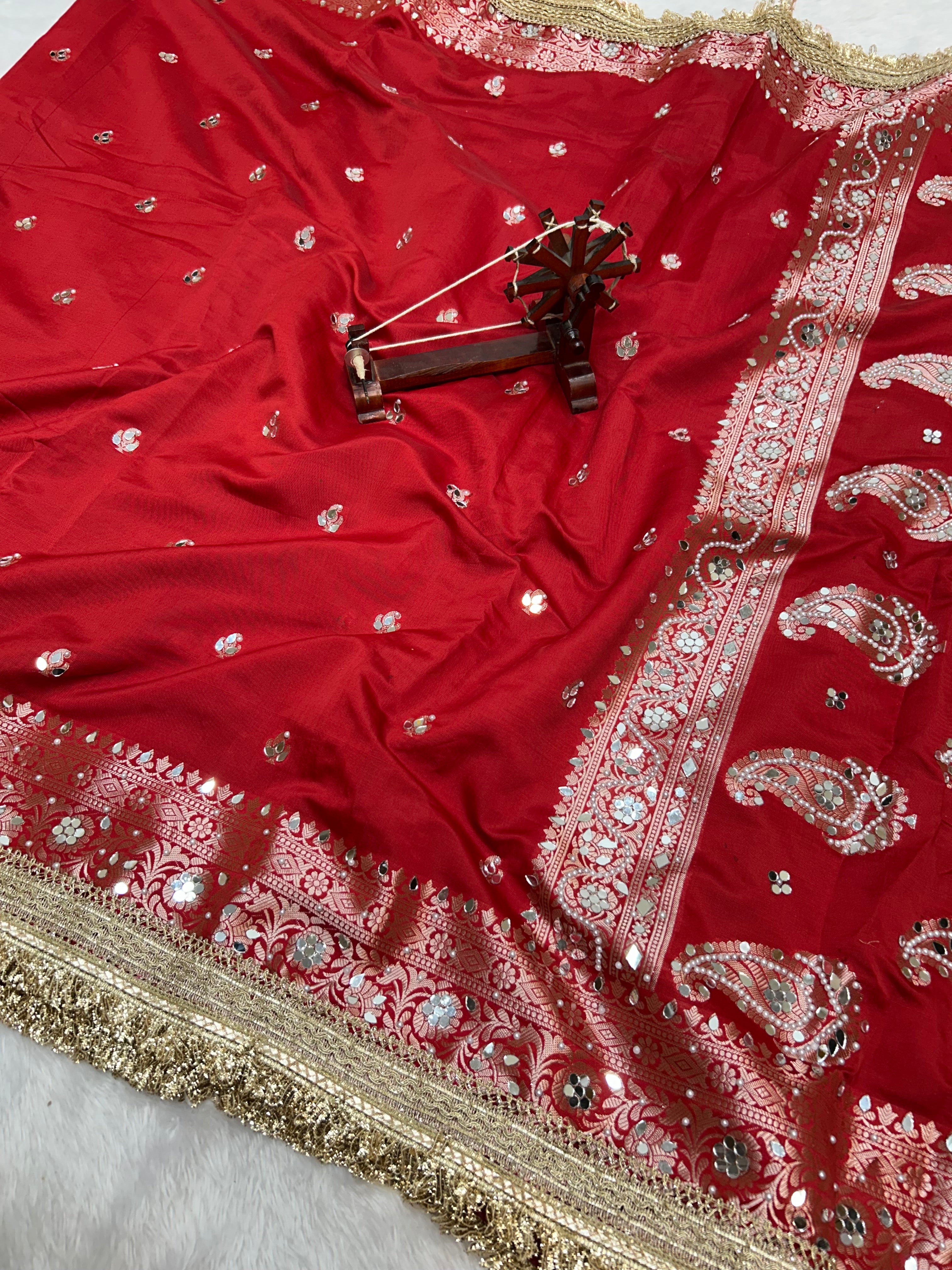 Banarasi Katan Traditional Handmade Mirror & Lace Work Red saree