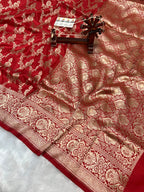 100% Pure Handloom Banarasi Katan Silk saree - Classic Red For Weddind Collection