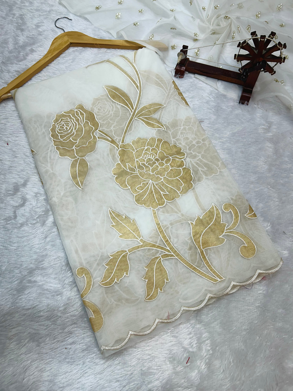 Designer Kora Organza With Elegant Applique Work & Scallop Border