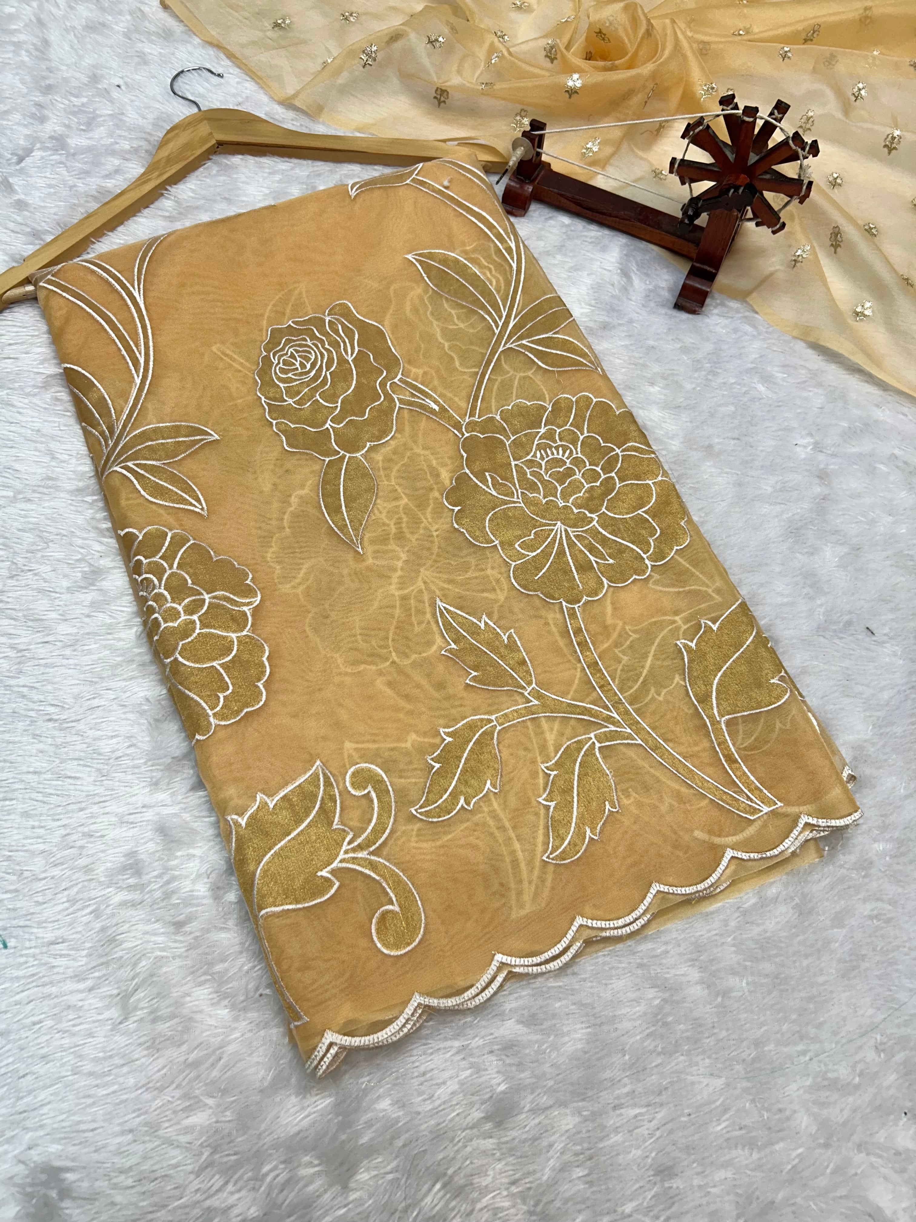 Designer Kora Organza With Elegant Applique Work & Scallop Border