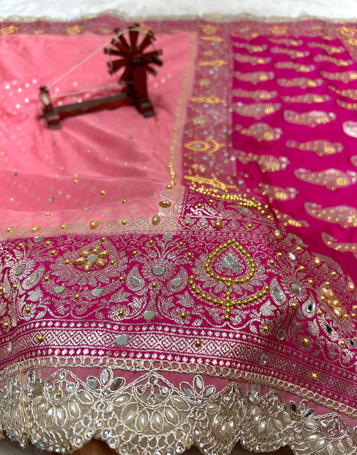 Banarasi Handloom Georgette Silk Saree with Designer Handwork & Scallop Lace Border