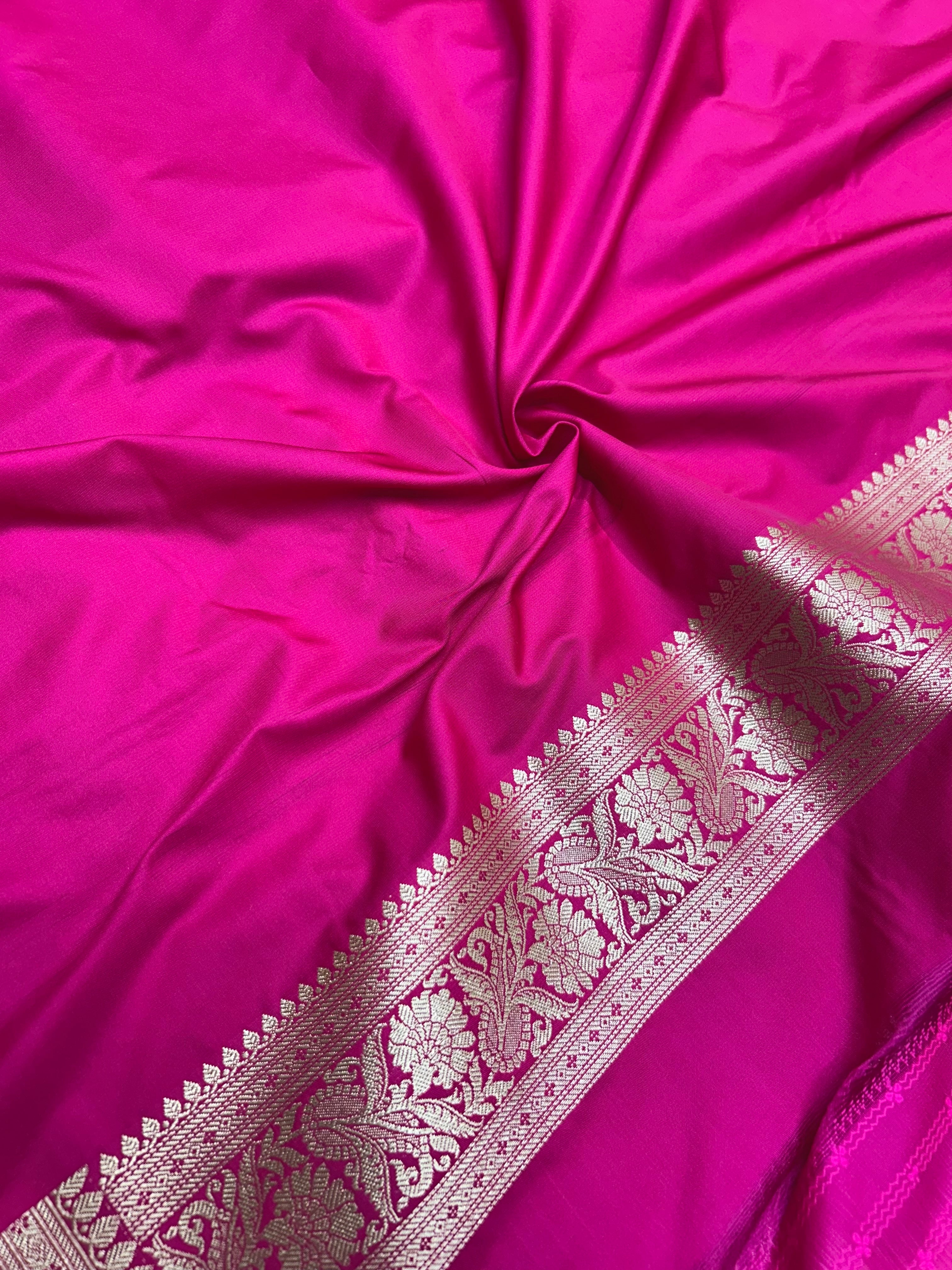 Banarasi Handloom Katan Mashru Traditional Jaal Weaving Rani pink saree