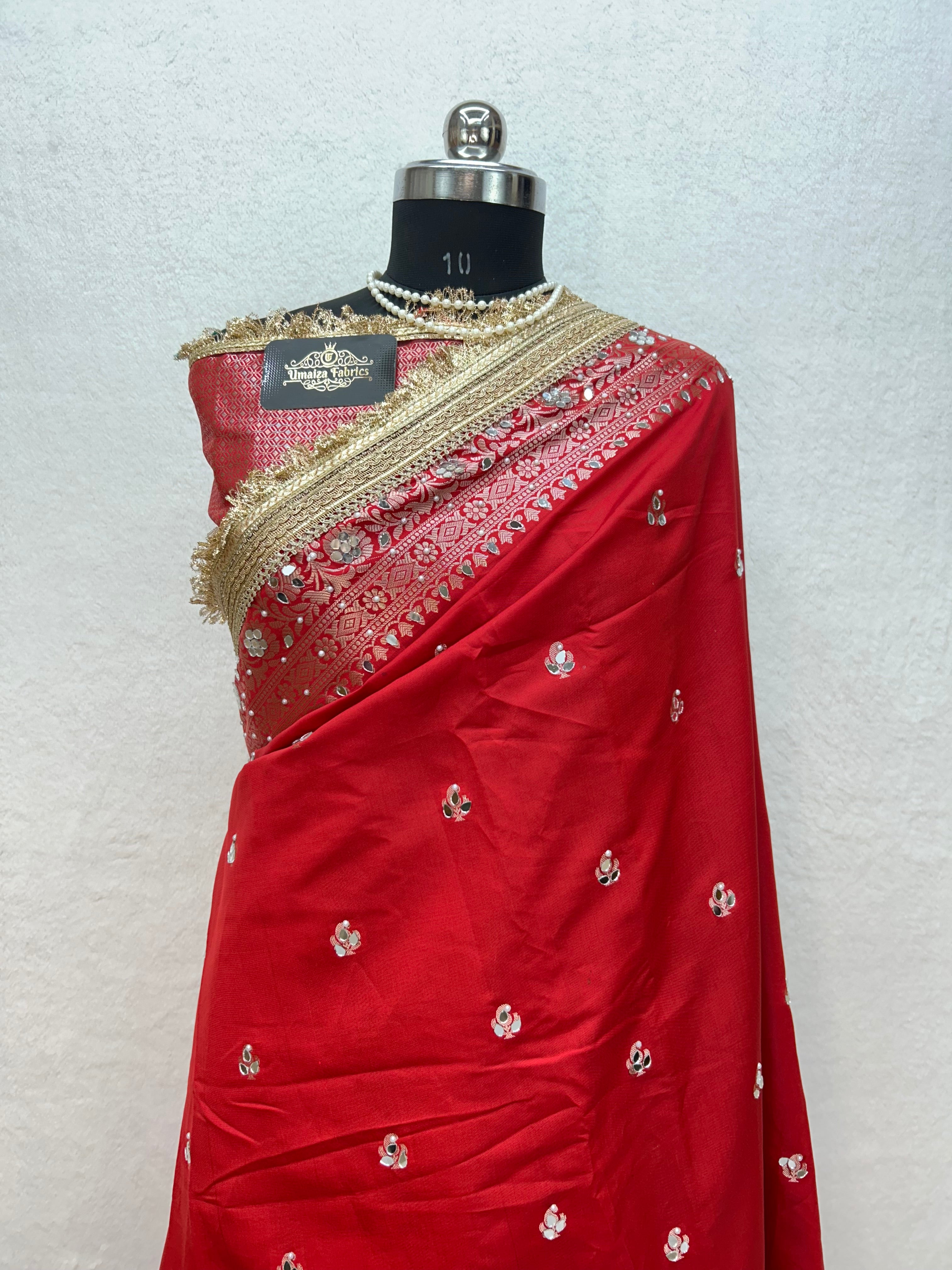 Banarasi Katan Traditional Handmade Mirror & Lace Work Red saree