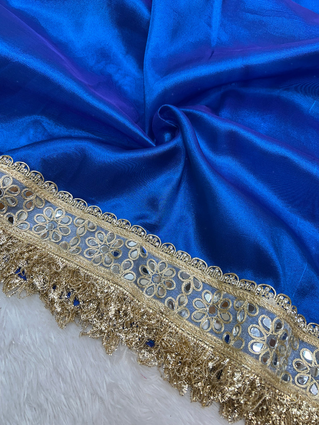 Banarasi Soft Royal Blue Tissue Saree With Moti Work & Designer Mirror lace Border