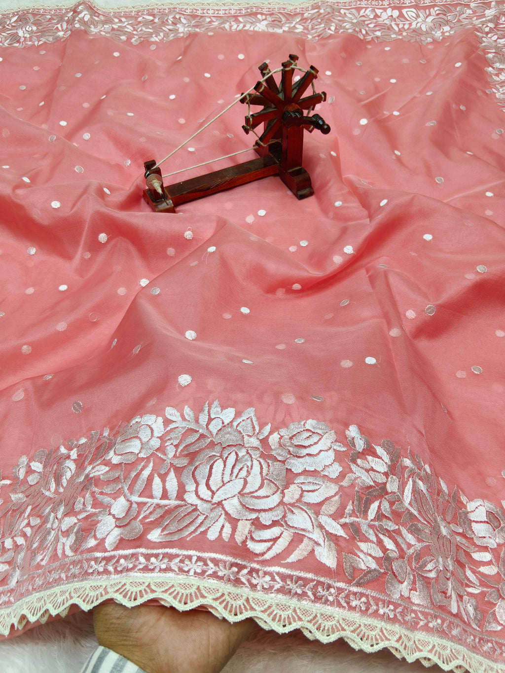 Banarasi Kora Organza With Delicated Chikankari Floral Work & Lace Border