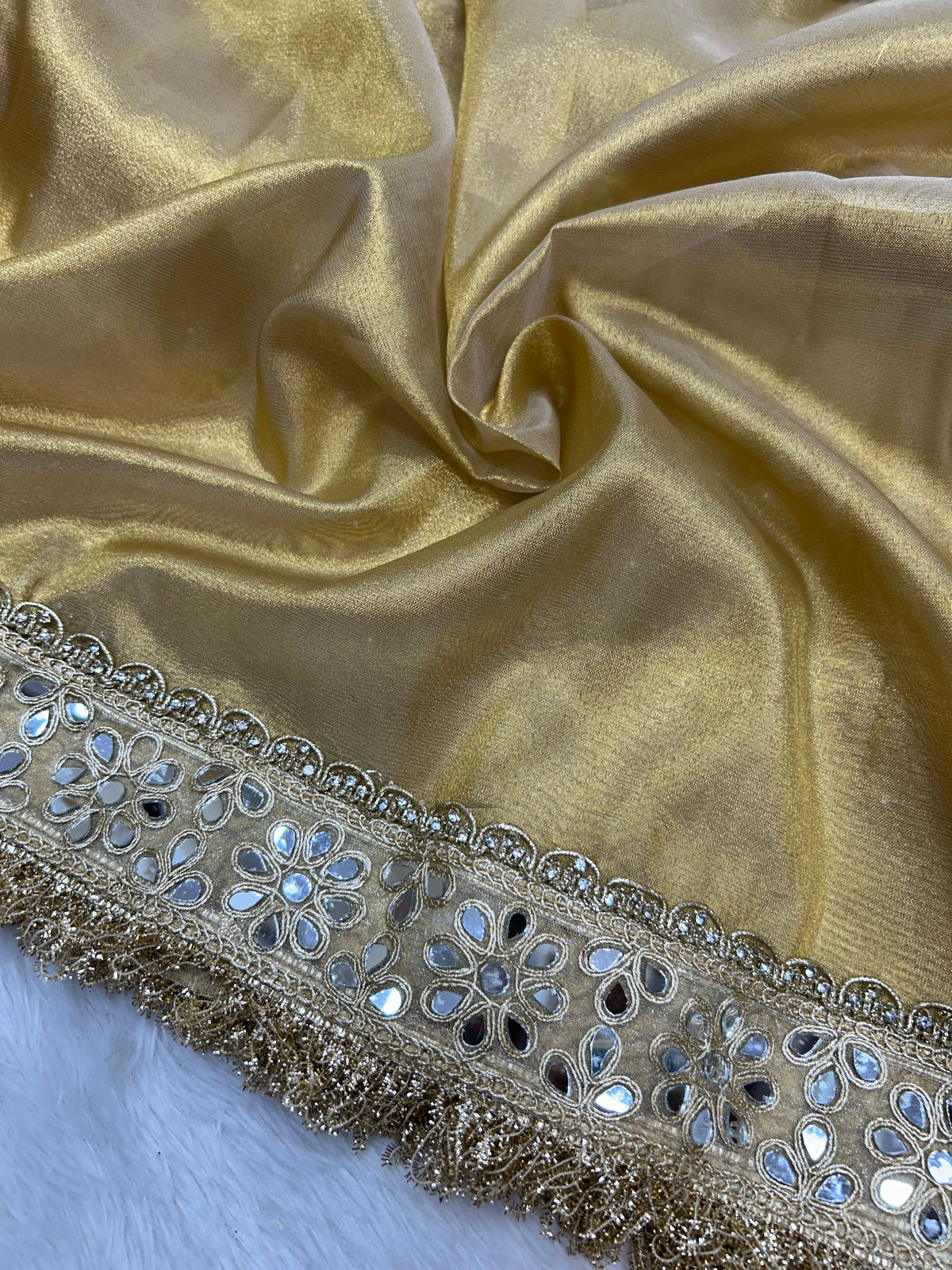Banarasi Soft Tissue Saree With Moti Work & Designer Mirror lace Border