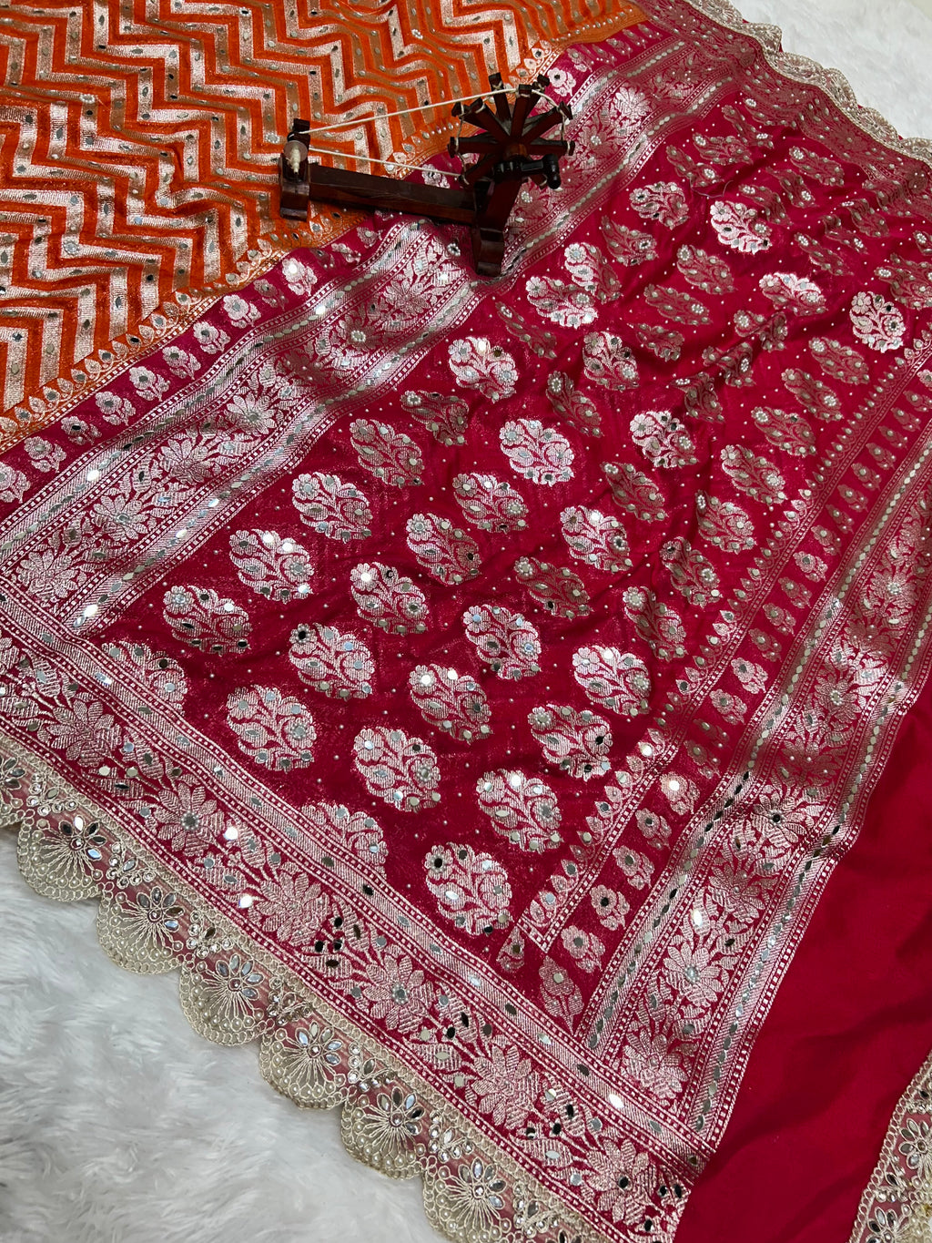 Banarasi Handloom Georgette Silk Saree with Designer Mirror work & Scallop Lace Border