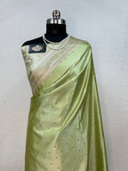 Banarasi Handloom Katan Mashru Traditional Buti Weaving Light Pista Green Saree