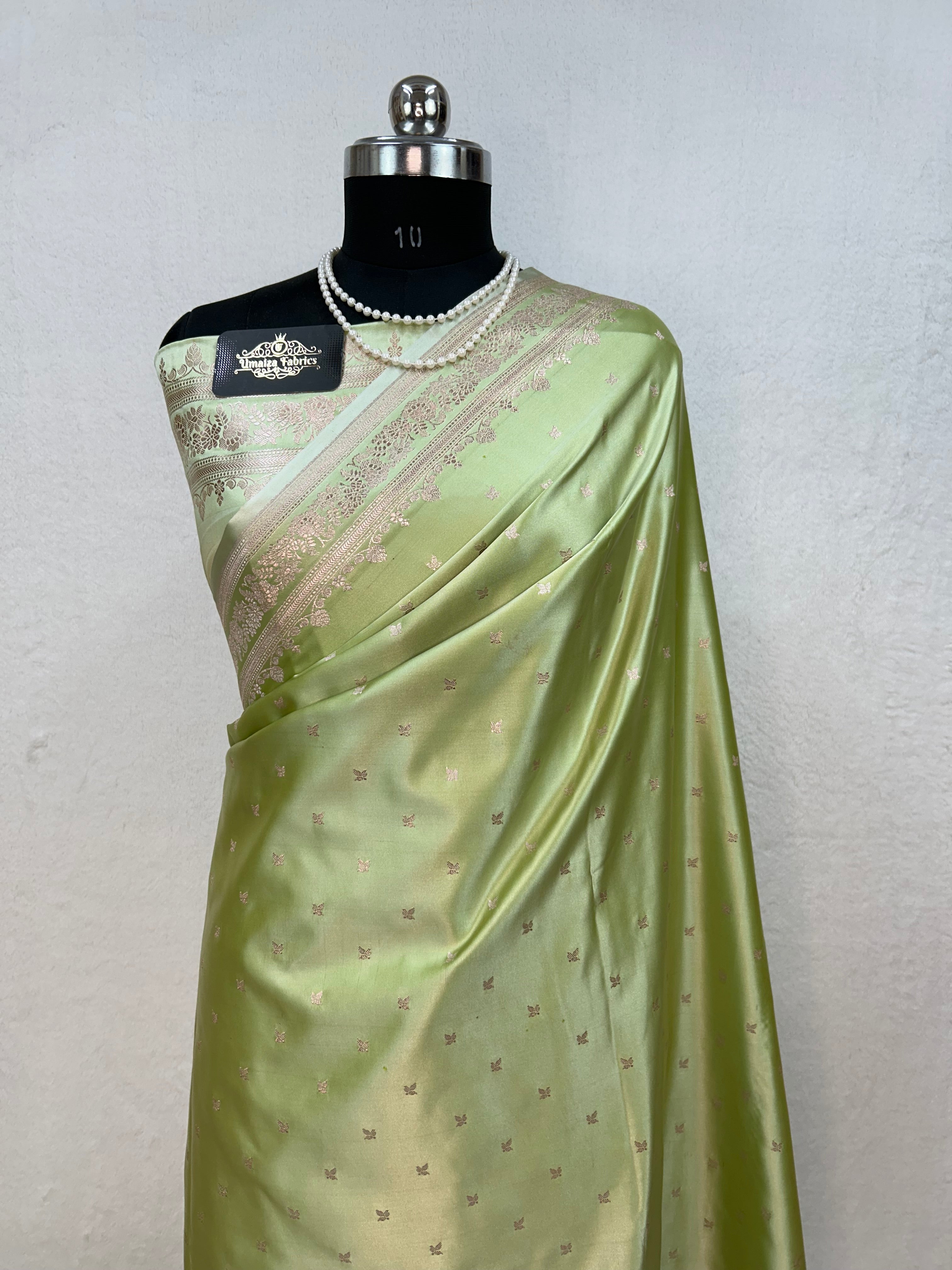 Banarasi Handloom Katan Mashru Traditional Buti Weaving Light Pista Green Saree