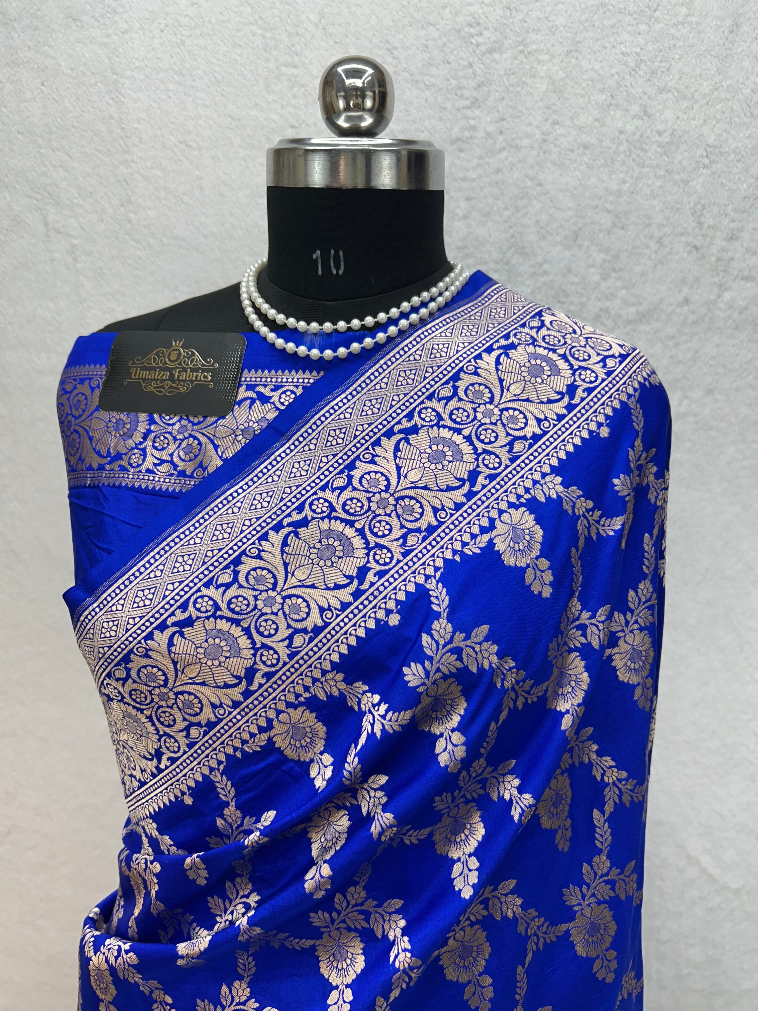 100% Pure Handloom Banarasi Katan Silk saree - Classic Royal Blue For Weddind Collection