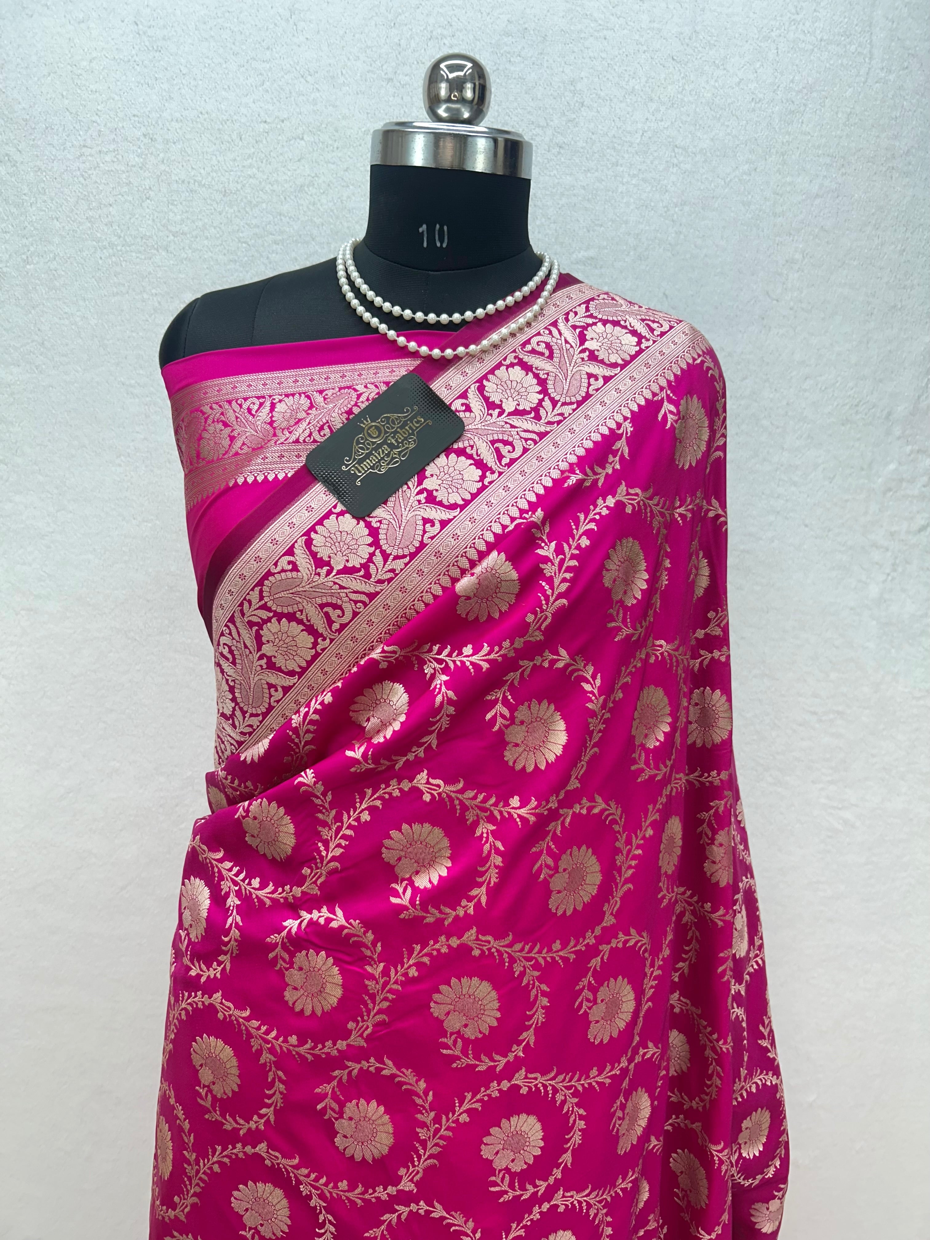 Banarasi Handloom Katan Mashru Traditional Jaal Weaving Rani pink saree