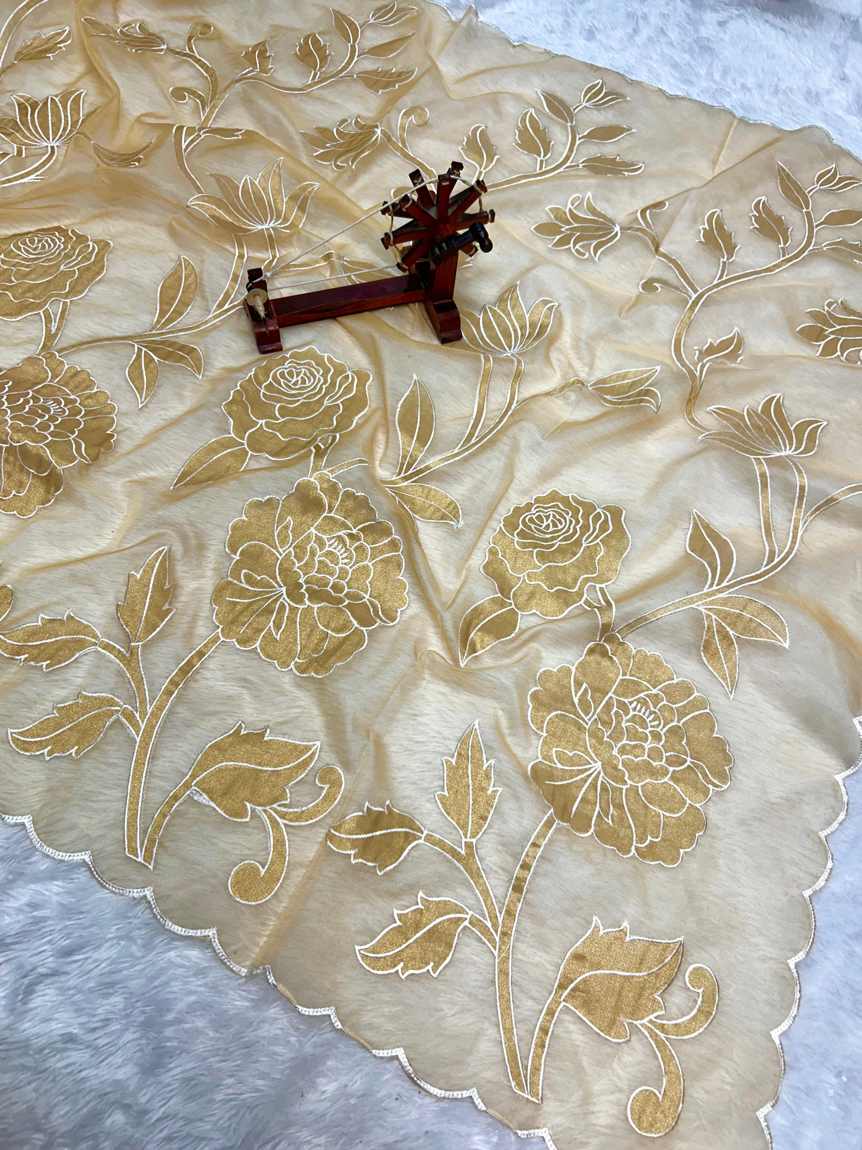 Designer Kora Organza With Elegant Applique Work & Scallop Border