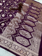 Banarasi Handloom Katan Mashru Traditional Jaal Weaving Magenta Wine Silk Saree