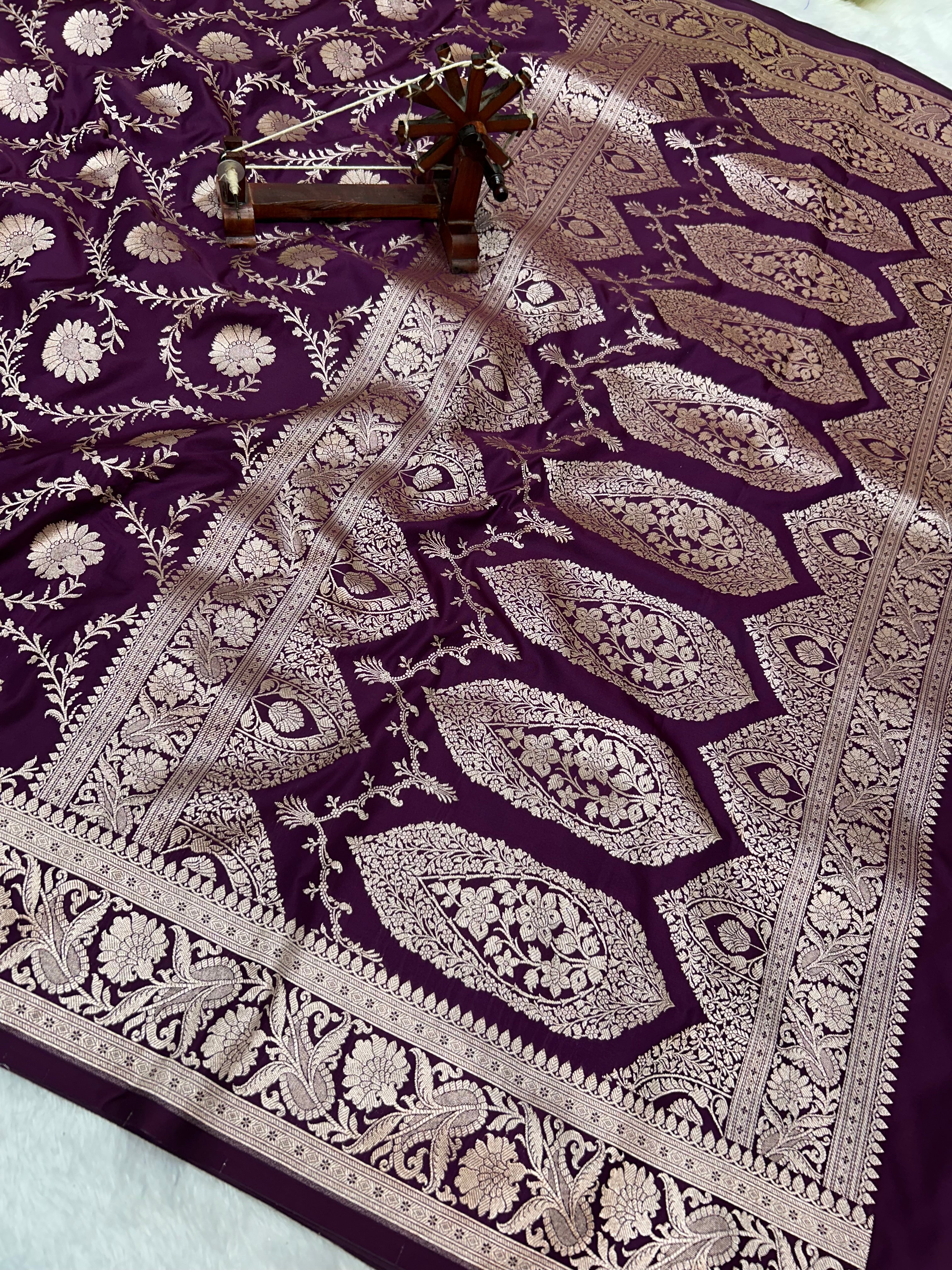 Banarasi Handloom Katan Mashru Traditional Jaal Weaving Magenta Wine Silk Saree