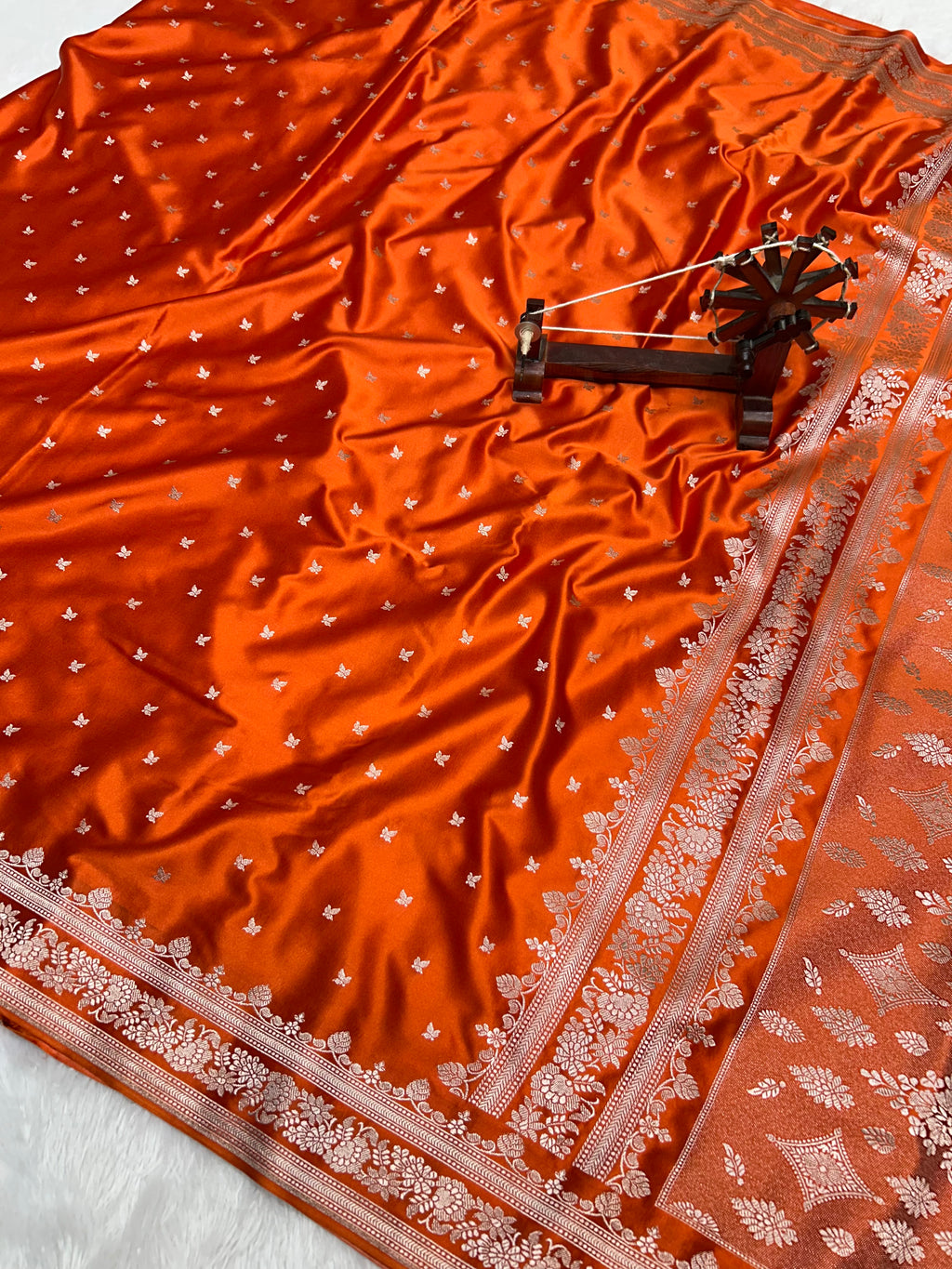 Banarasi Handloom Katan Mashru Traditional Buti Weaving Light Bright Orang Saree