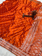 Banarasi Handloom Katan Mashru Traditional Buti Weaving Light Bright Orang Saree