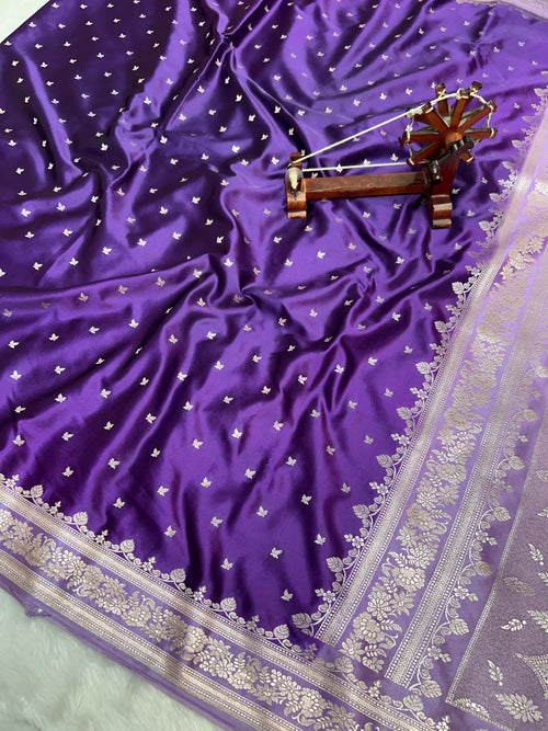 Banarasi Handloom Katan Mashru Traditional Buti Weaving Lavender & Purple Contrast Sraee