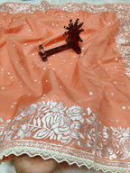 Banarasi Kora Organza With Delicated Chikankari Floral Work & Lace Border
