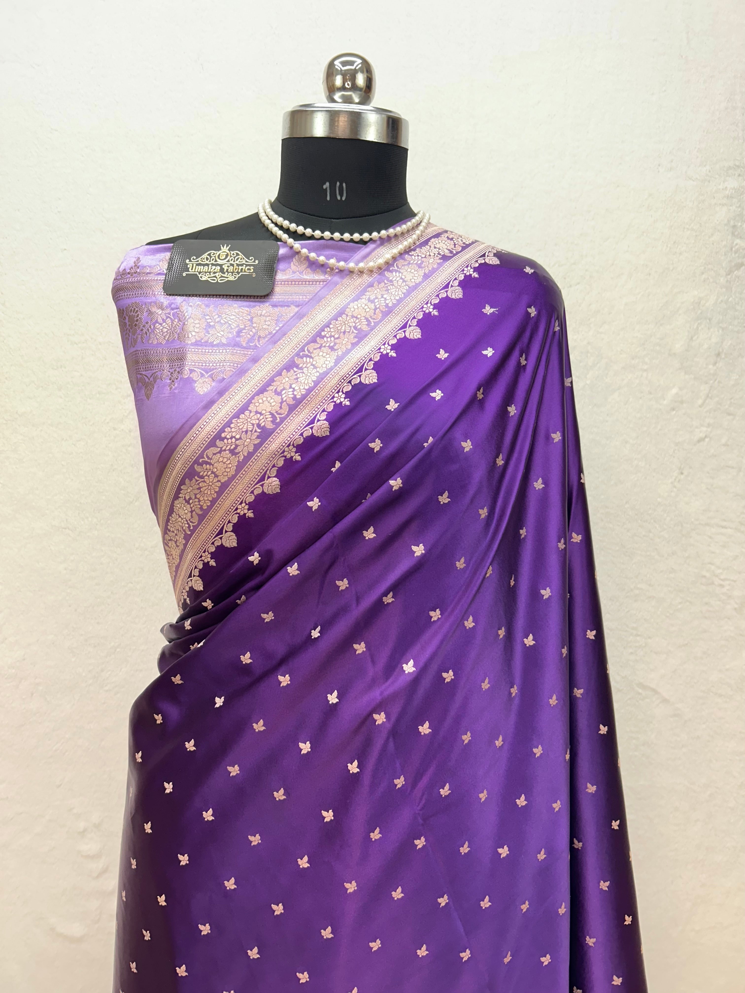 Banarasi Handloom Katan Mashru Traditional Buti Weaving Lavender & Purple Contrast Sraee