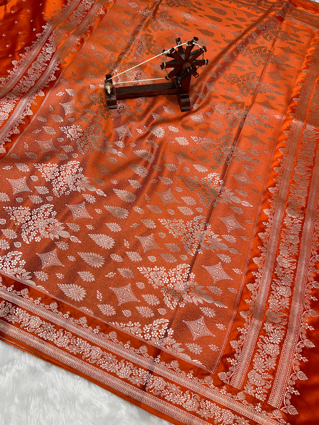 Banarasi Handloom Katan Mashru Traditional Buti Weaving Light Bright Orang Saree