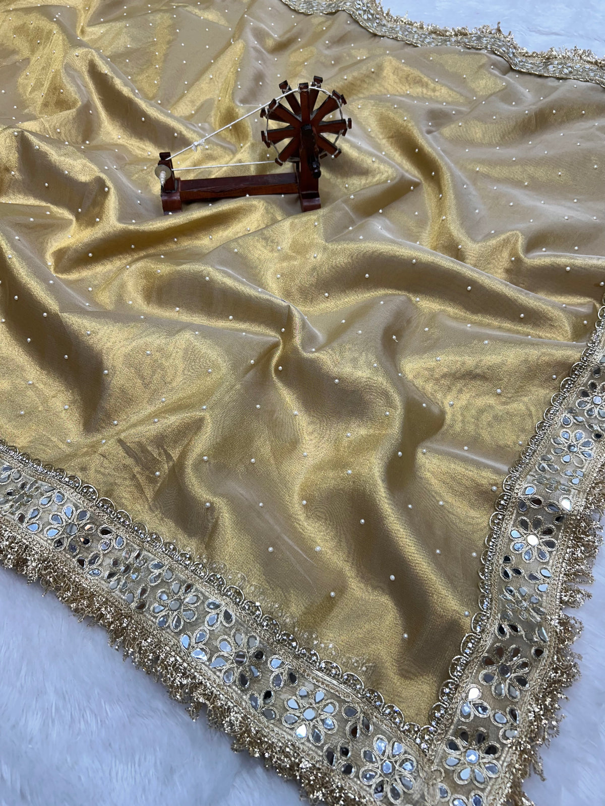 Banarasi Soft Tissue Saree With Moti Work & Designer Mirror lace Border