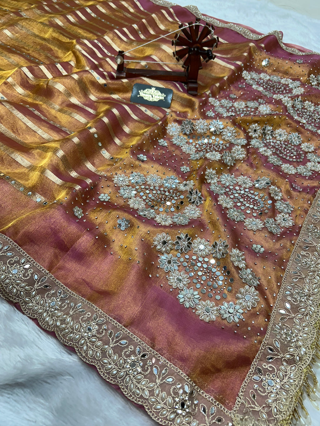 Pure Banarasi Tissue Silk Saree In Dual Tone With Heavy Mirror & Diamond Handwork