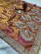 Pure Banarasi Tissue Silk Saree In Dual Tone With Heavy Mirror & Diamond Handwork