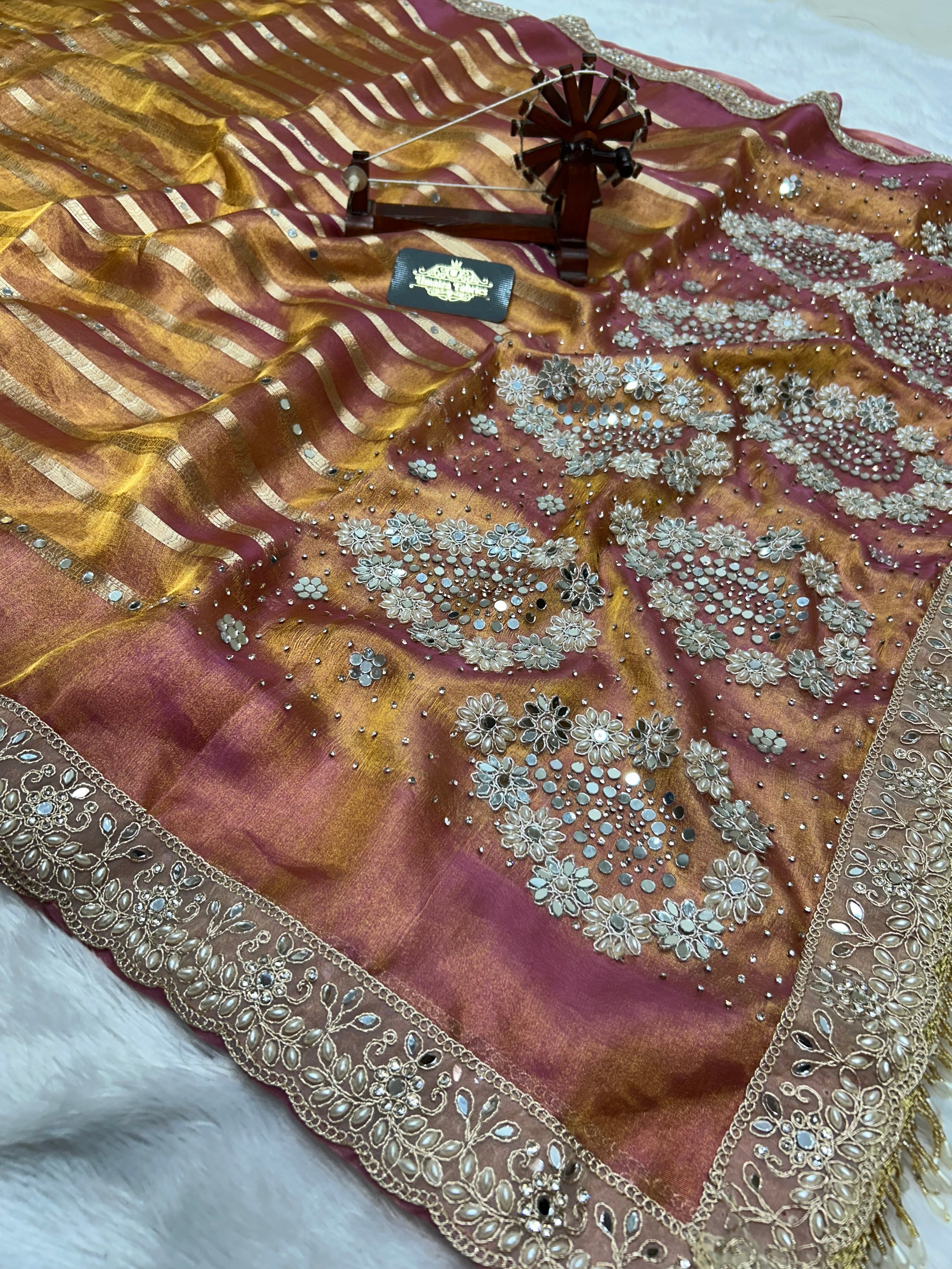 Pure Banarasi Tissue Silk Saree In Dual Tone With Heavy Mirror & Diamond Handwork