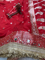Banarasi Katan Traditional Handmade Mirror & Lace Work Red saree